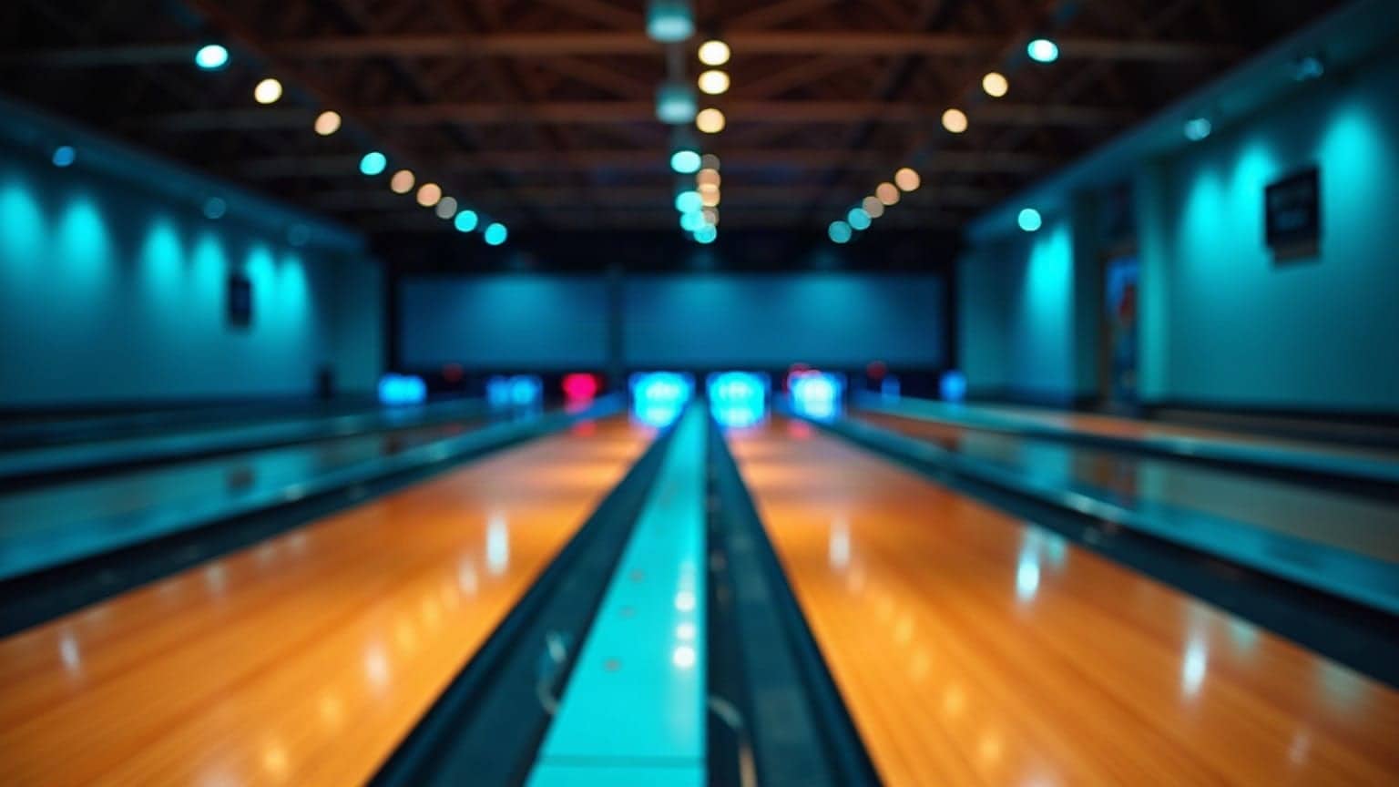 Two bowling lanes shown side by side, one set with a small handheld ball and short, squat pins and the other with a larger finger-holed ball and tall pins, illustrating the contrast between duckpin and ten-pin bowling.
