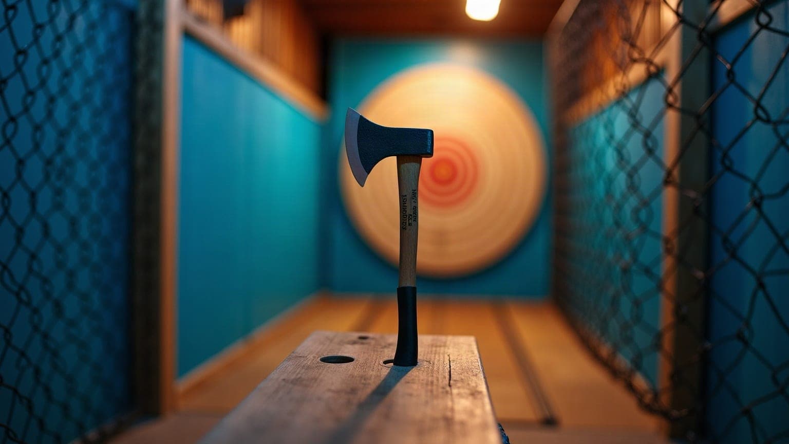 A throwing axe embedded in a wooden target board inside an indoor axe throwing lane