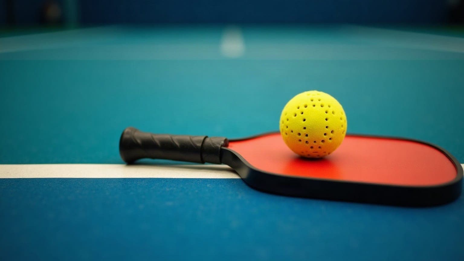 A pickleball paddle and a perforated ball resting on the non-volley zone line of an indoor court