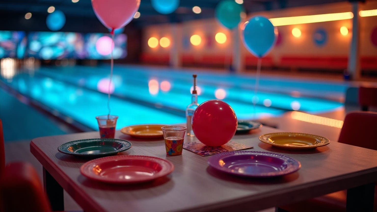 A party table set with balloons in an entertainment venue, bowling lanes glowing behind