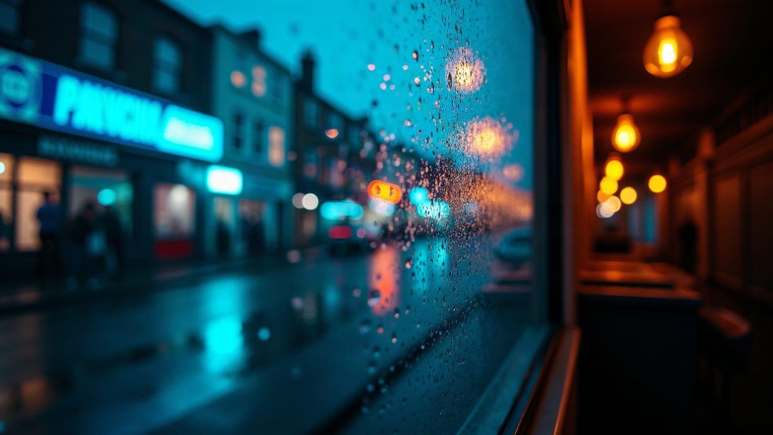 The warm lit interior of an indoor entertainment venue seen through a rain-streaked window