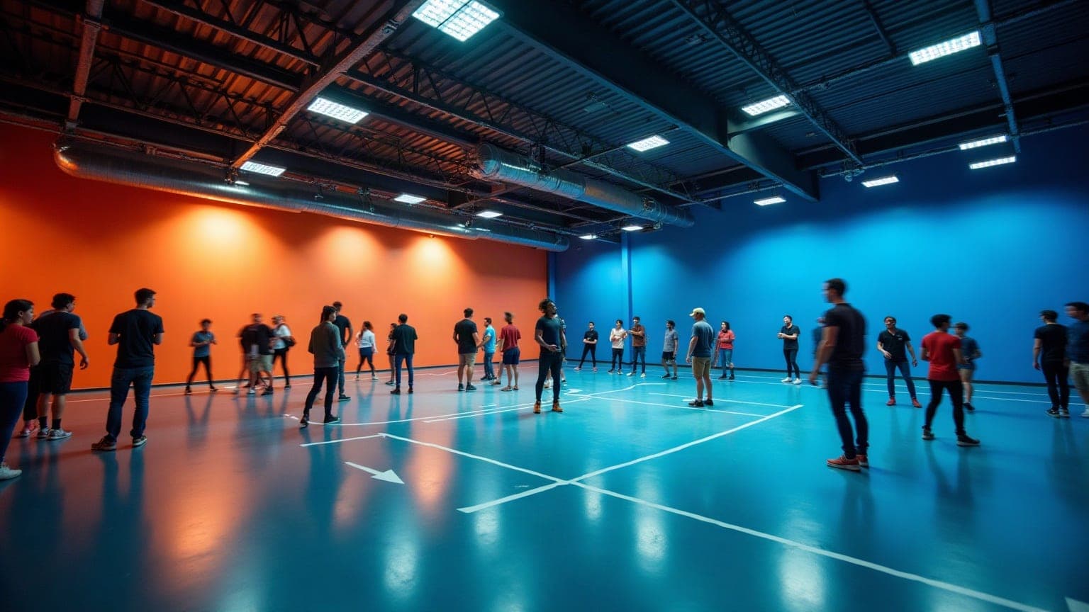 Groups of friends enjoying several activities across one open indoor entertainment venue at night