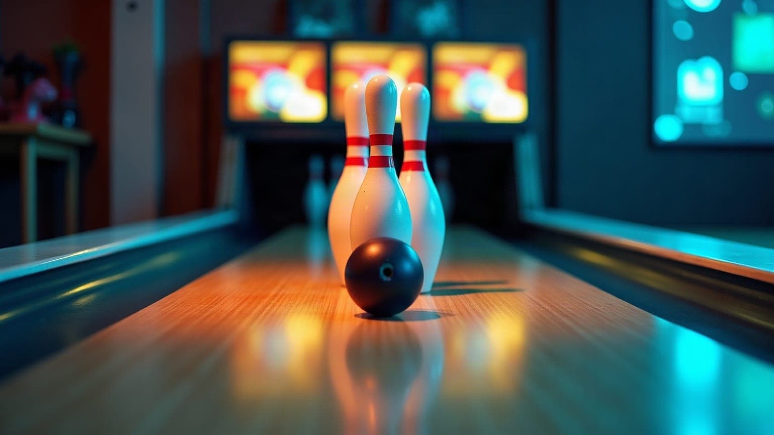 Squat duckpin bowling pins at the end of a polished lane, with a small ball rolling towards them