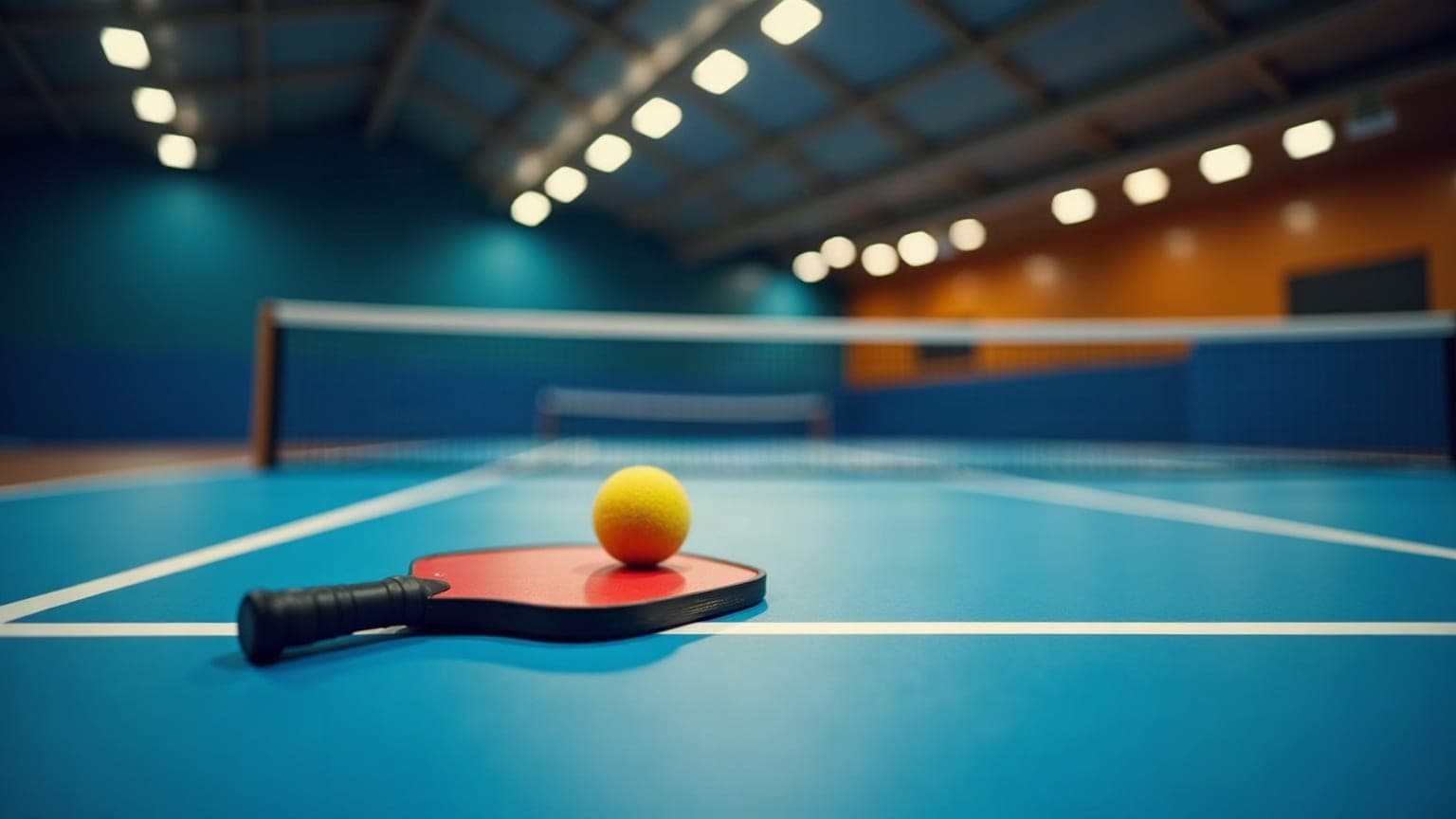 An indoor pickleball court with its net and painted lines under bright overhead lighting