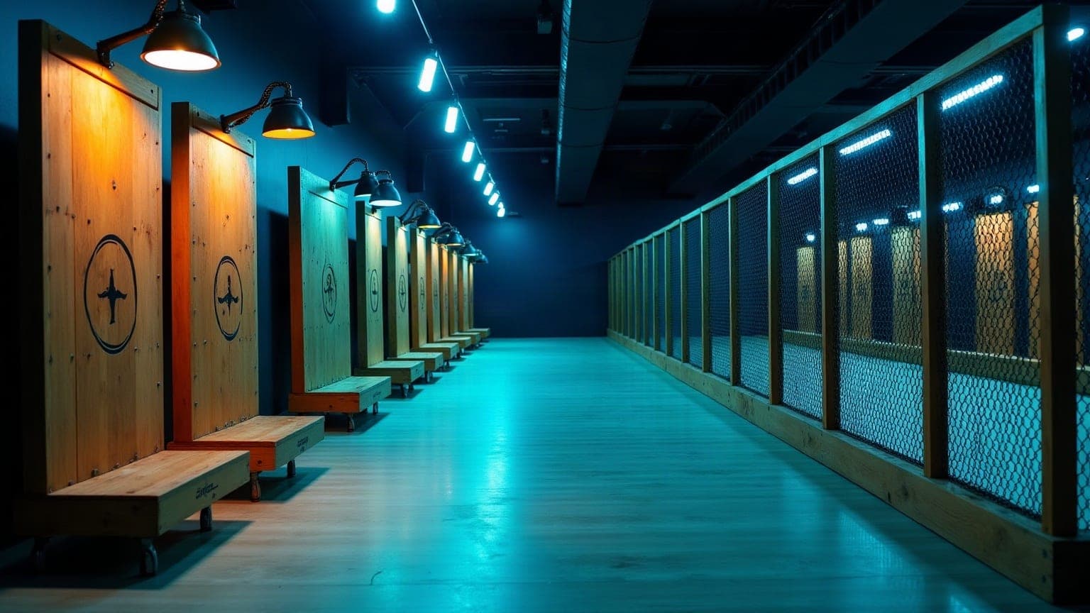 A person mid-throw releasing a hatchet toward a wooden target in a supervised indoor axe-throwing lane