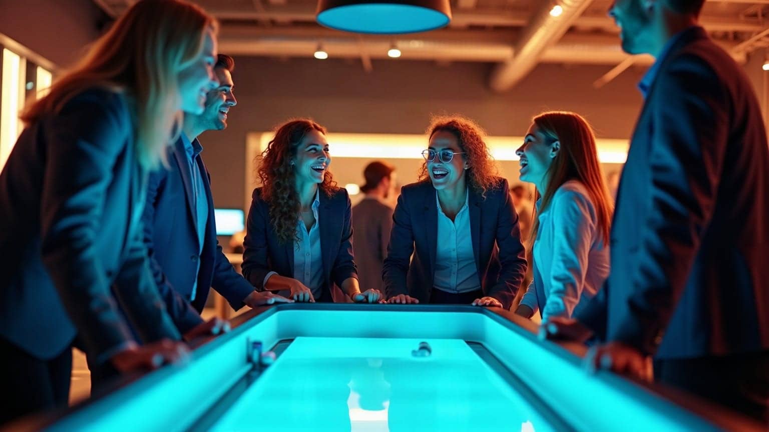 Colleagues laughing together around a shuffleboard table in a modern venue
