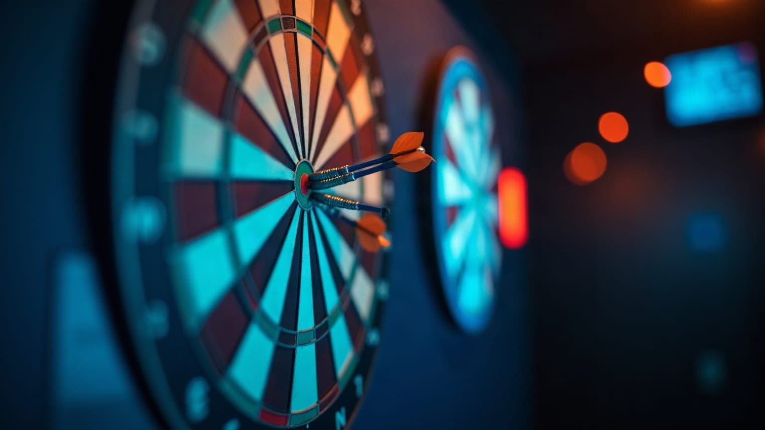 Three darts grouped in the treble twenty of a dartboard, lit from the side
