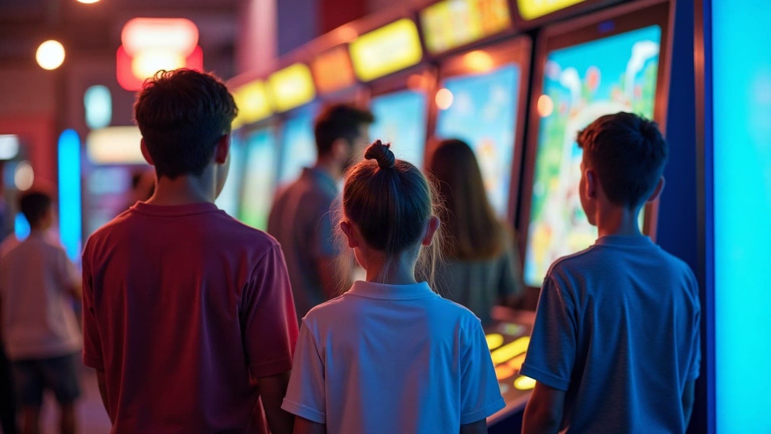 A family of mixed ages playing an arcade game together in a brightly lit venue
