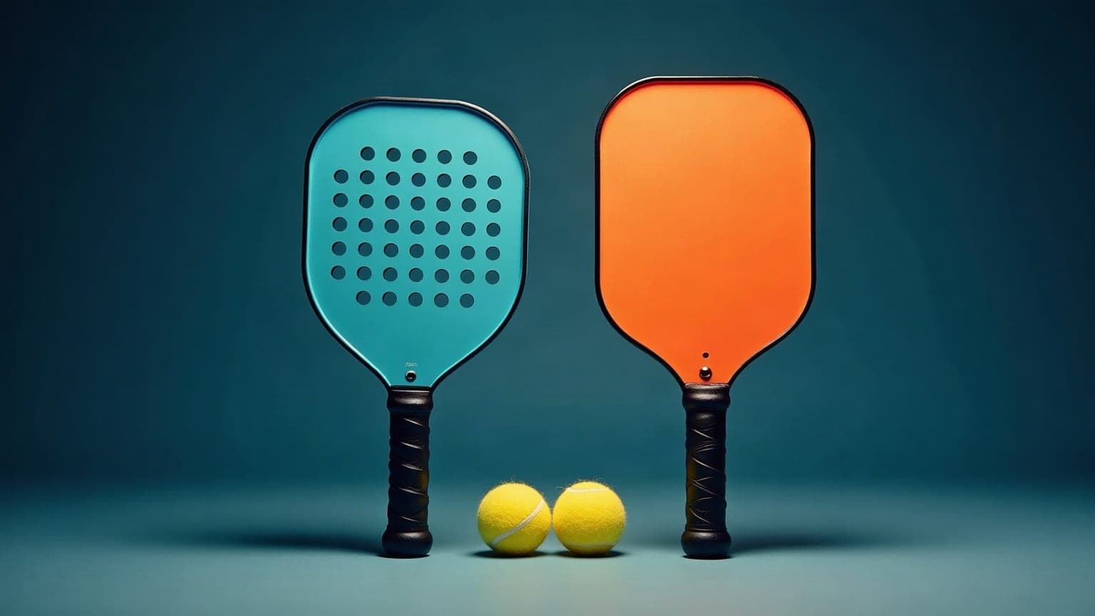 A padel racket and a pickleball paddle side by side with their balls, on a dark background