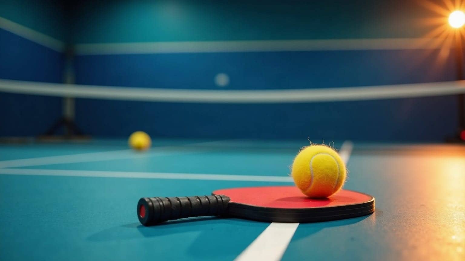 An indoor pickleball court with a rental paddle and a ball placed on the court surface