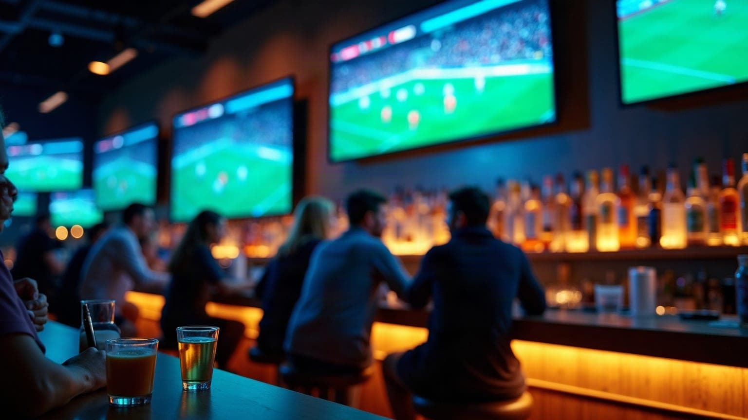 A bank of screens above a busy bar showing a match, with bar taps in the foreground