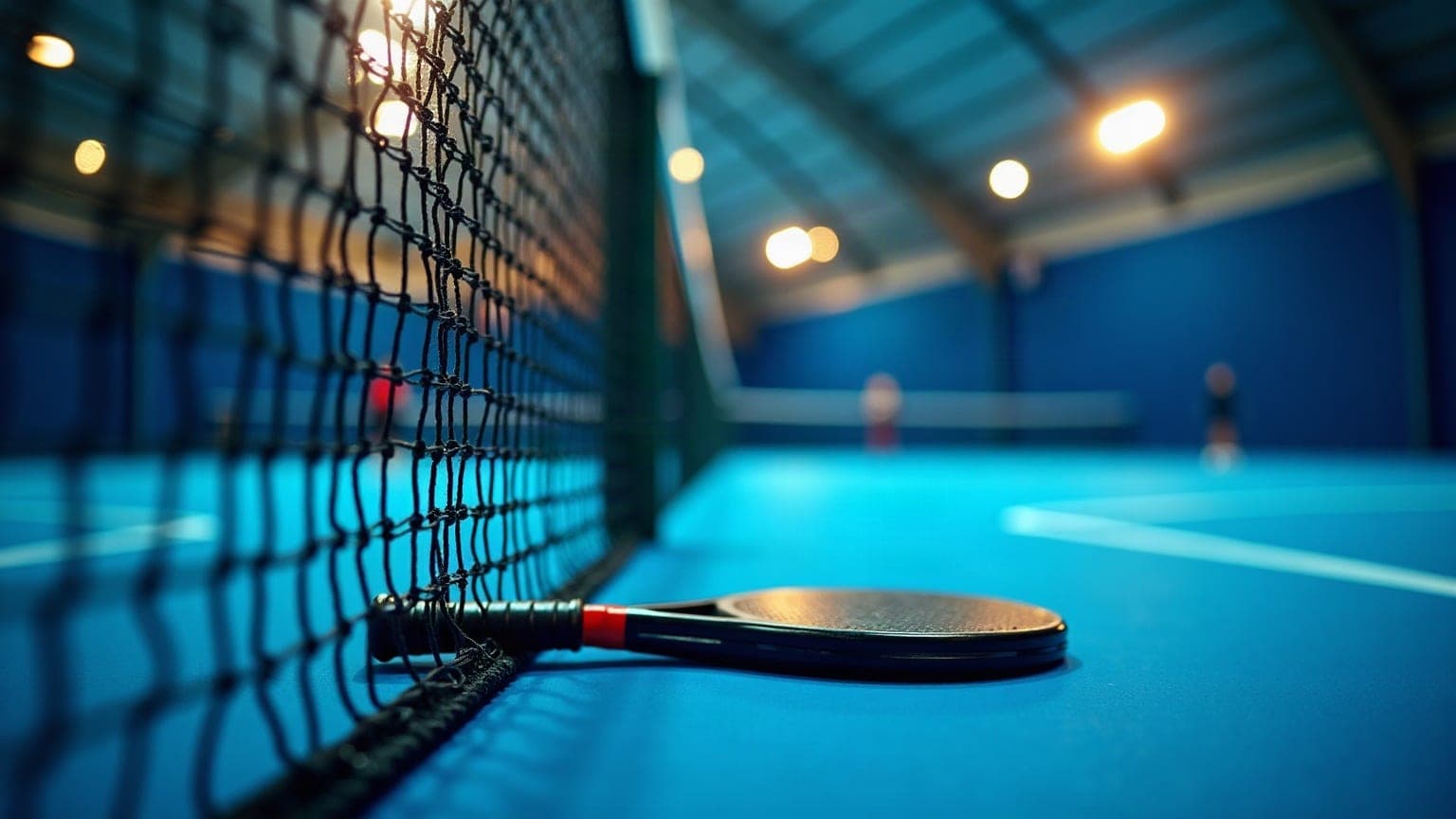 An indoor padel court seen through its glass back wall, with a racket resting against the glass